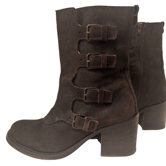 JL J. Litvack Moto Boots Bootie Brown Suede Four Buckle Chunky Stacked Heel - Picture 10 of 16